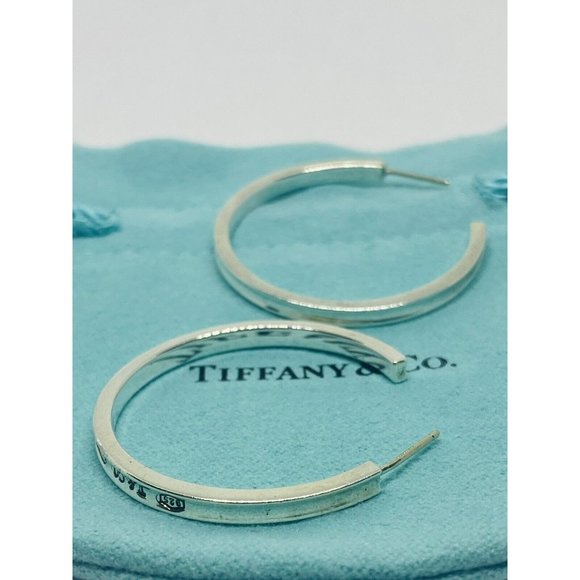 Tiffany & Co. 1837 Narrow Large 33mm Hoop Earrings Love Sterling Silver Pouch